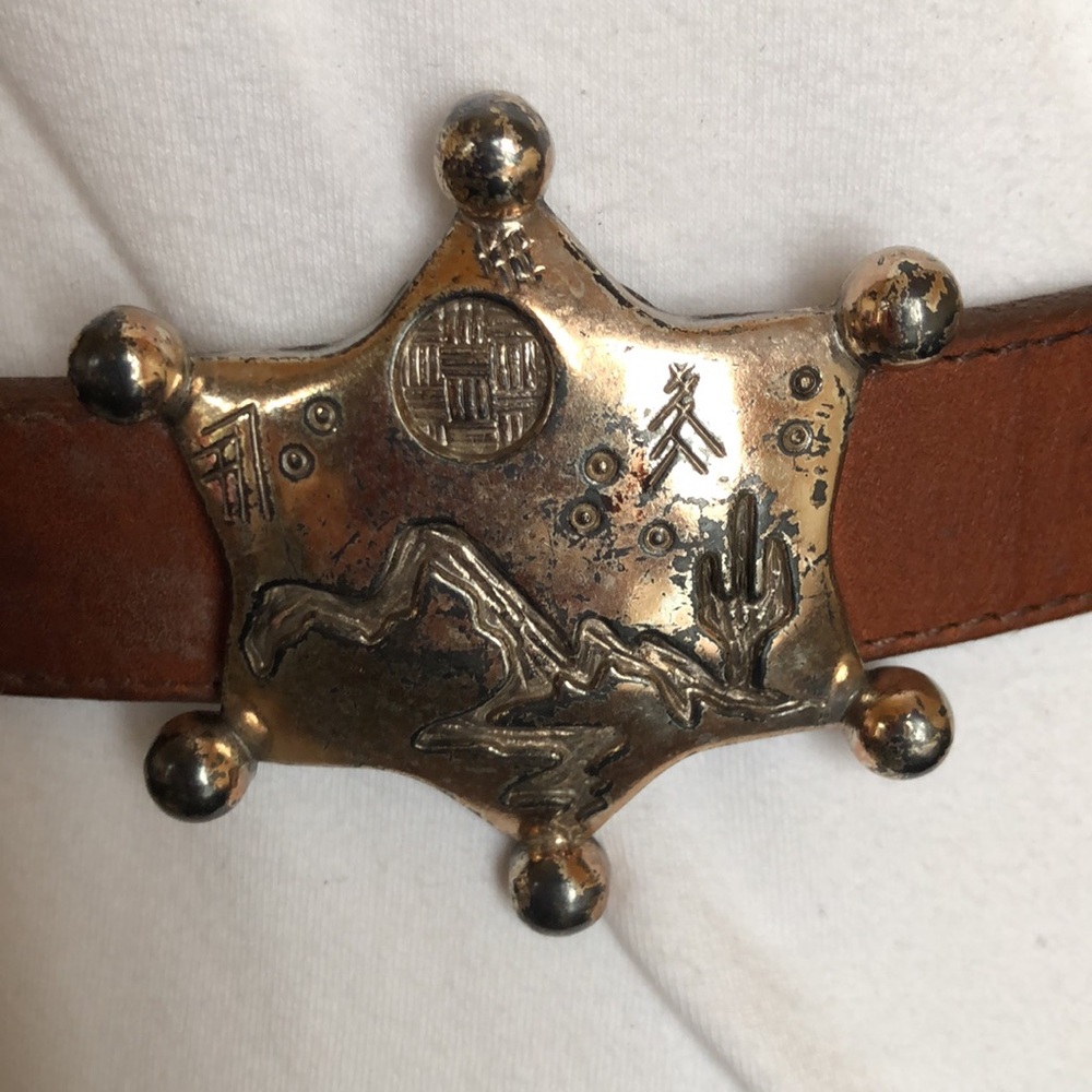Brown Leather Cowboy Belt with Silvertone Accents - Picture 3 of 10